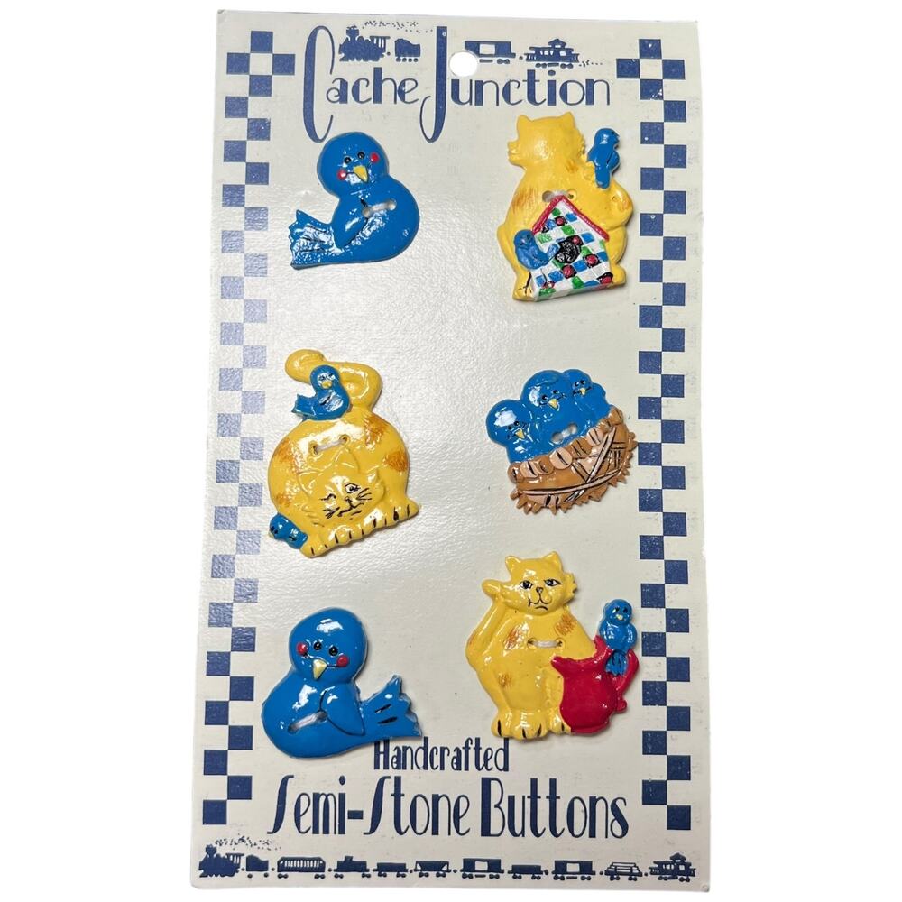 Cache Junction Yellow Cat Blue Duck Painted Semi Stone Buttons Vintage